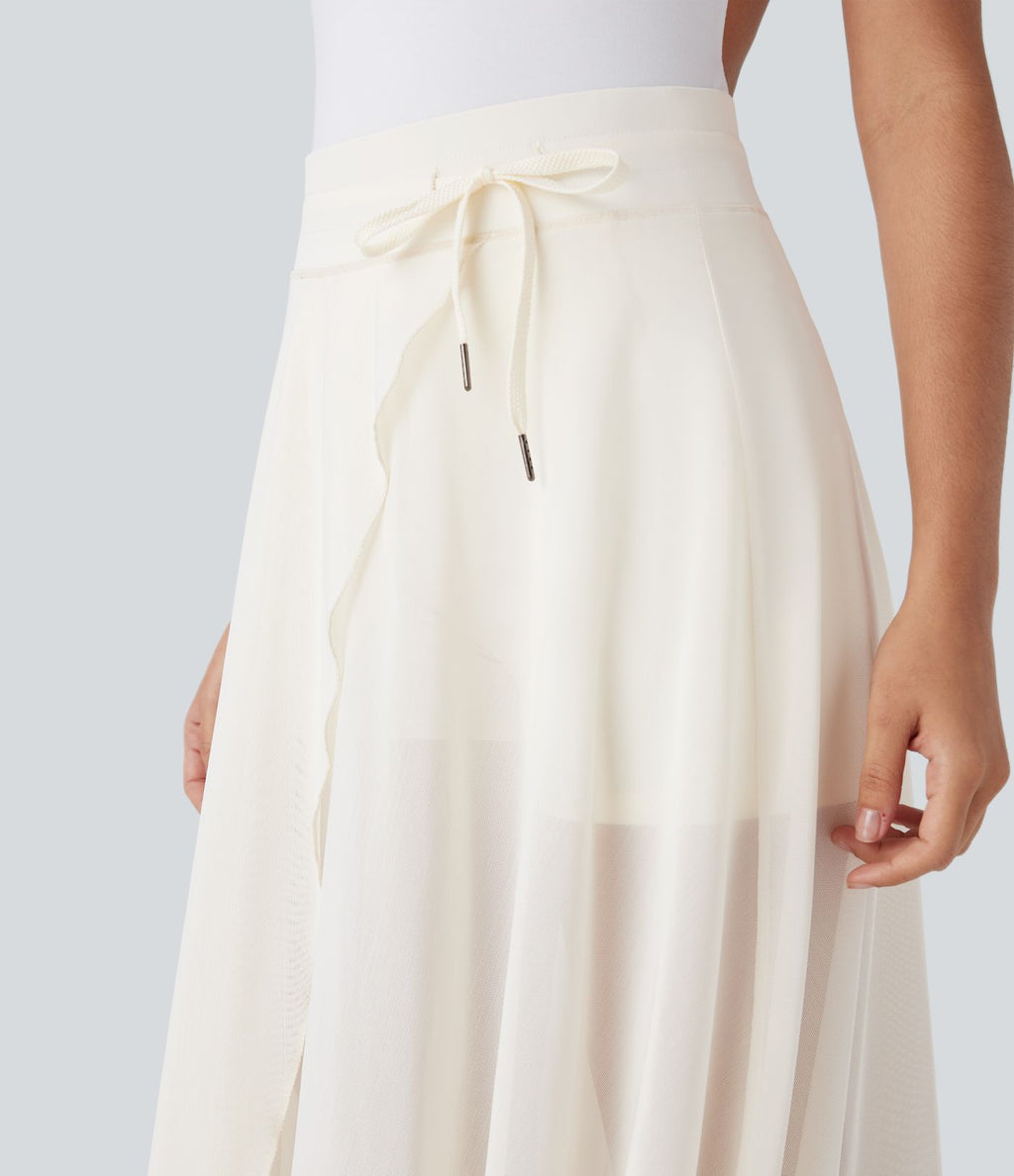 Jupe Casual Évasée Mesh Mi-Longue Fuide 2 en 1 Contrastée Taille Haute Cordon Poche Latérale