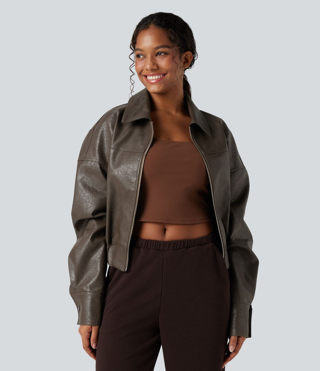 Veste décontractée en tissu enduit à fermeture éclair et manches longues avec poches