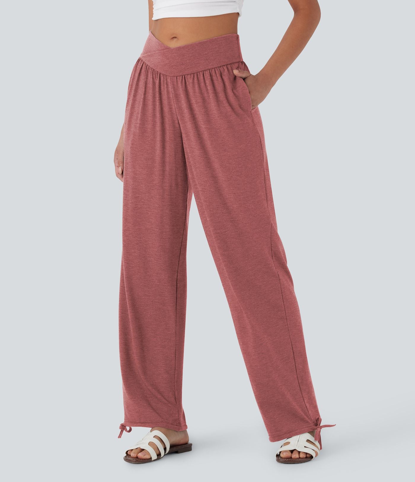 Pantalon de jogging décontracté à taille haute croisée avec poches latérales et cordon de serrage