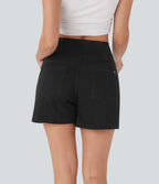 Halara Flex™ Short décontracté évasé à jambe large en denim extensible délavé taille haute croisée avec poches multiples