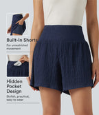Short baggy 2-en-1 casual en tissu froissé taille haute avec poches