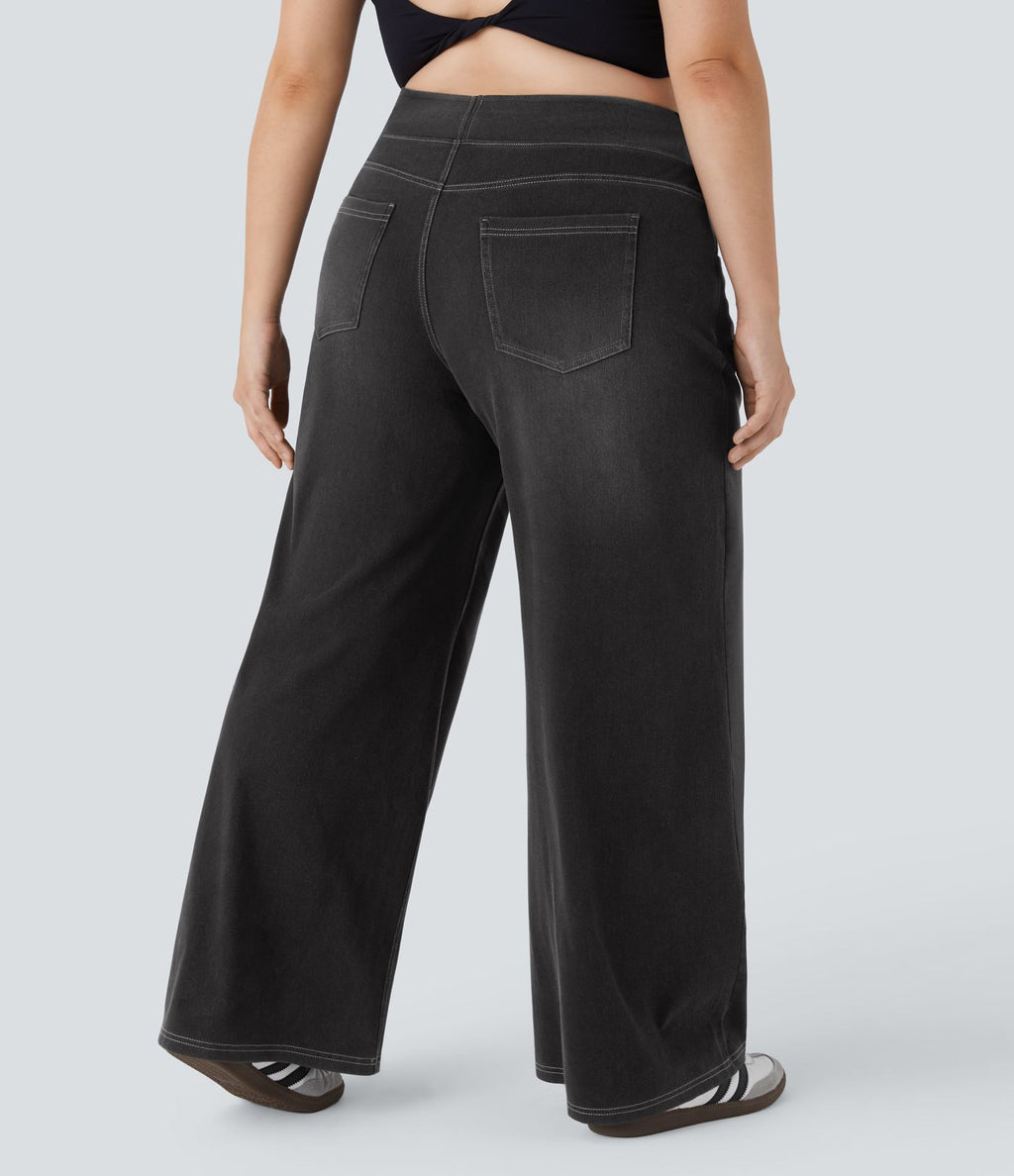 Halara Flex™ Jeans Larges Casual Taille Haute Multiples Poches Lavés Élastiques et Tricotés Grande Taille