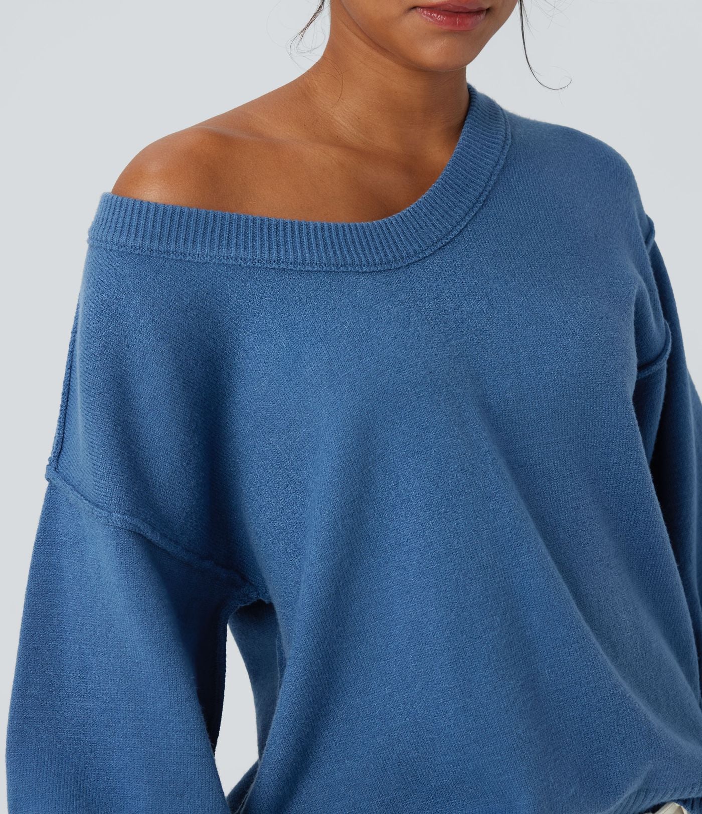Pull casual col V épaules tombantes manches longues avec fentes