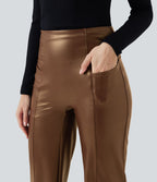 Pantalon similicuir évasé gainant taille haute stretch avec poches