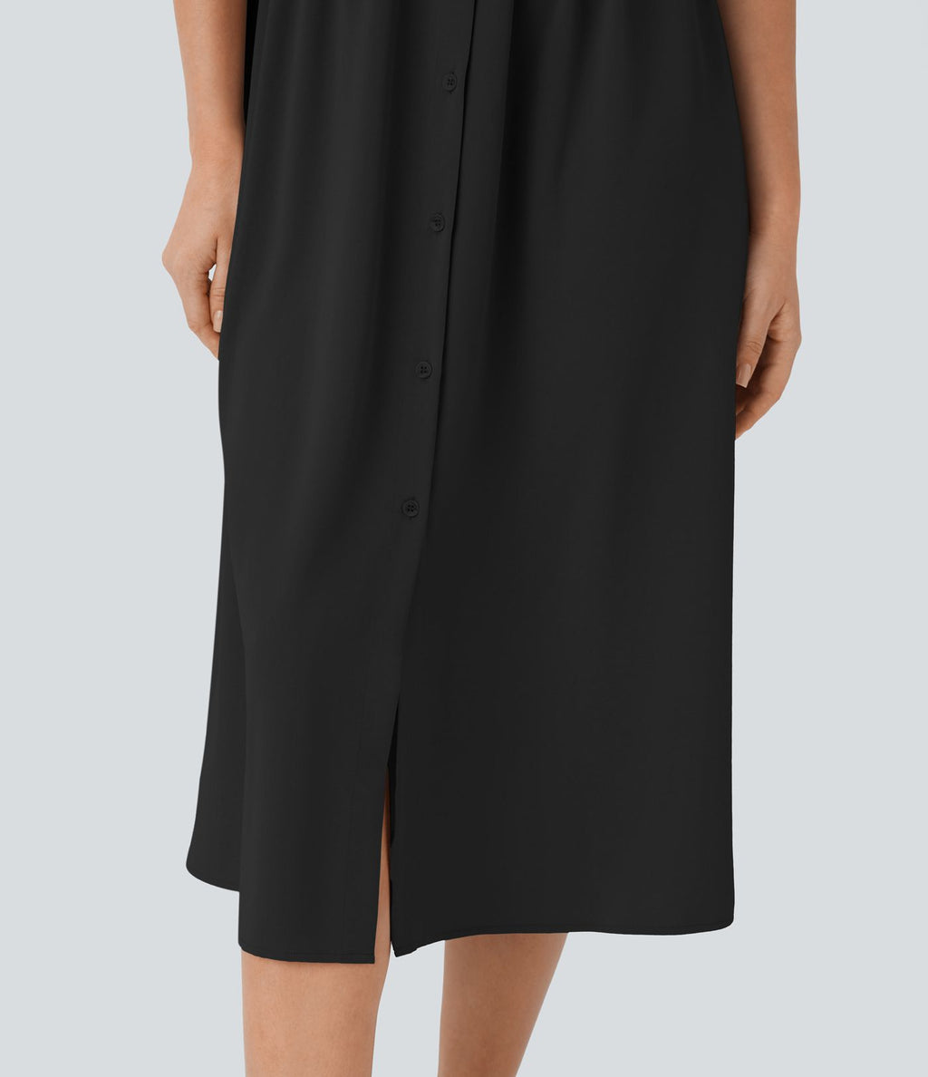 Robe mi-longue décontractée à col chemise, décolleté en V, manches courtes, drapé et poches latérales avec boutonnage