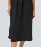 Robe mi-longue décontractée à col chemise, décolleté en V, manches courtes, drapé et poches latérales avec boutonnage