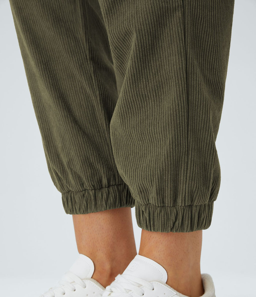 Pantalon décontracté en velours côtelé avec taille mi-haute, boutons et fermeture éclair