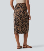 Jupe midi casual tulipe taille haute froncée en tissu gaufré imprimé léopard