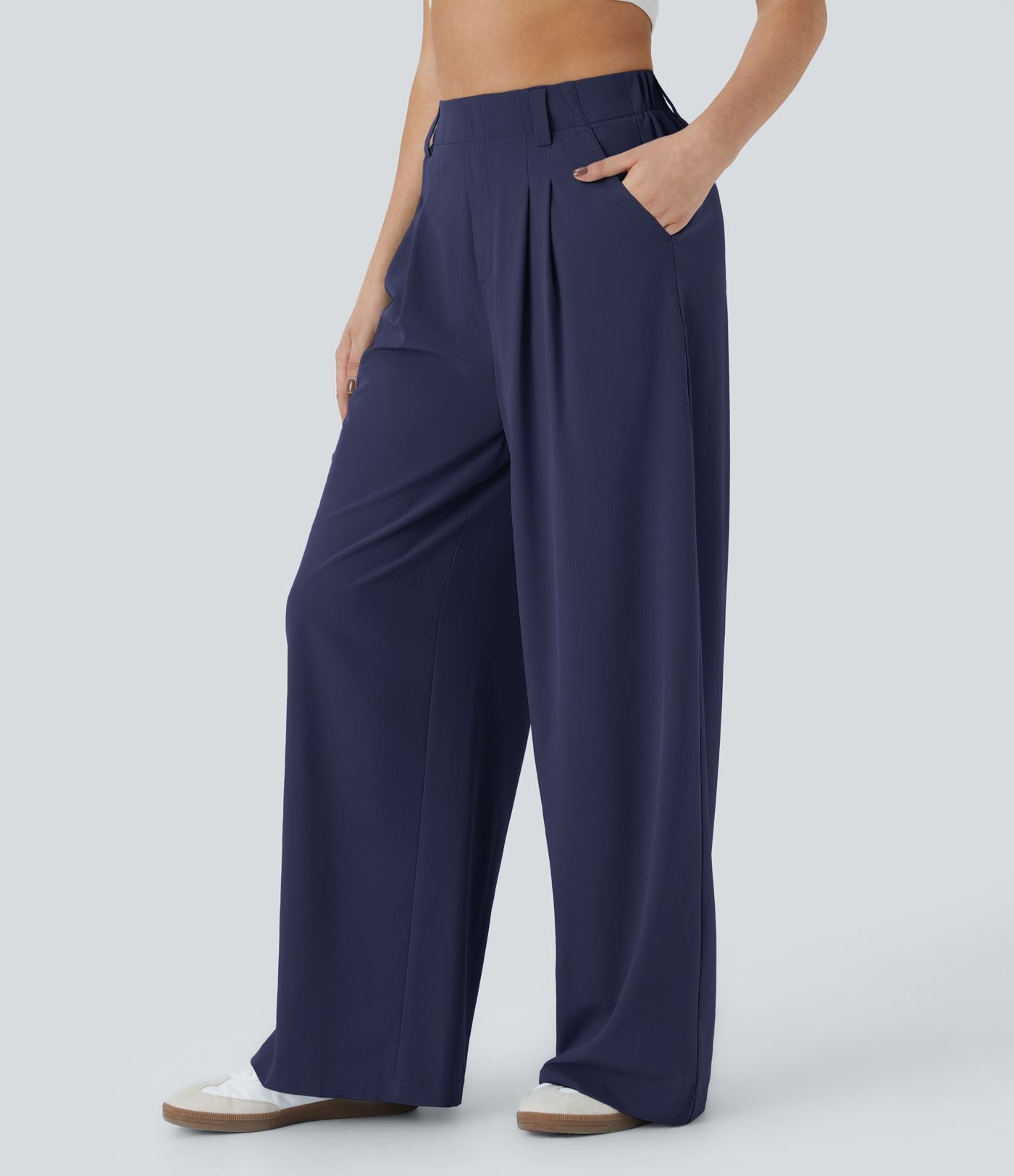 Breezeful™ Pantalon Large Fluide Taille Haute Poches Latérales Palazzo Solide Casual Linen-Feel