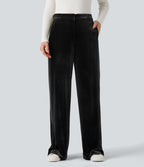Pantalon velours color block coupe droite taille haute avec poches