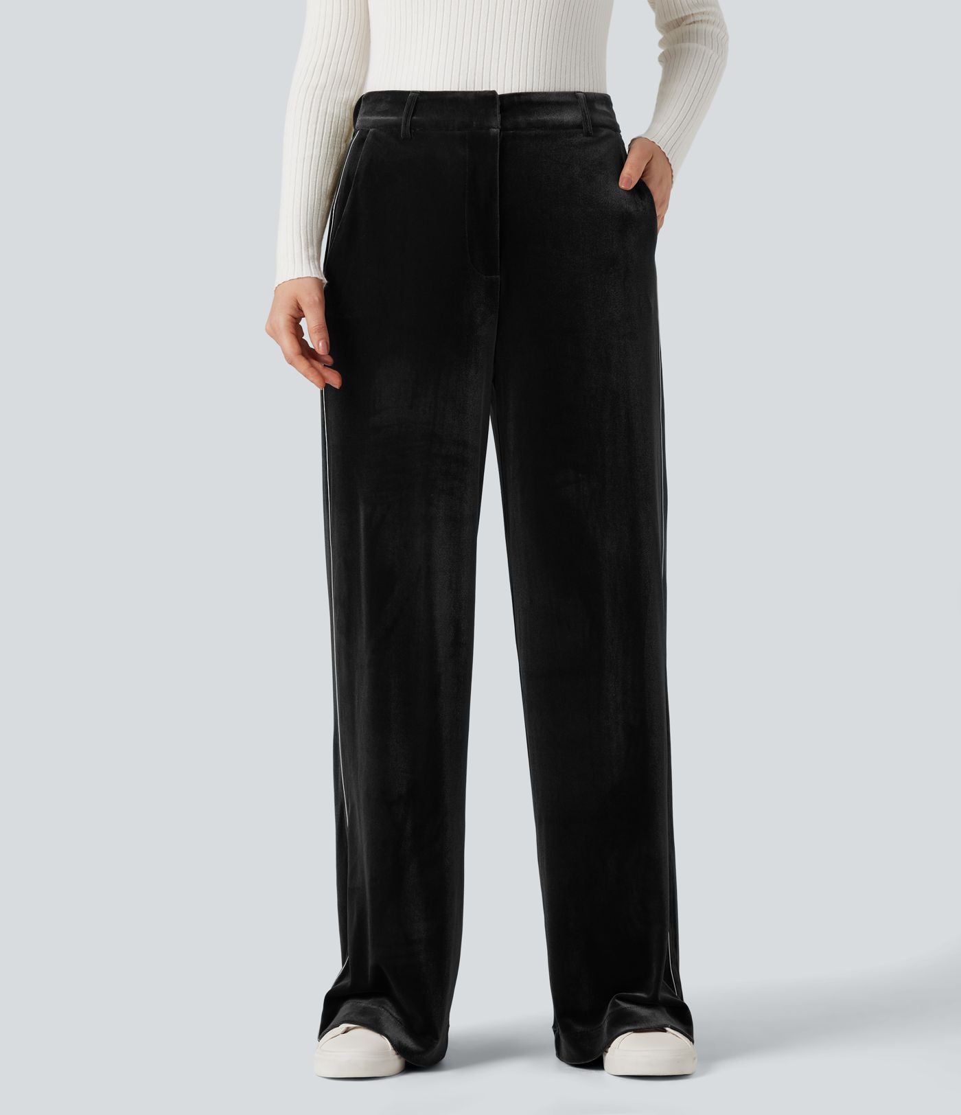 Pantalon velours color block coupe droite taille haute avec poches