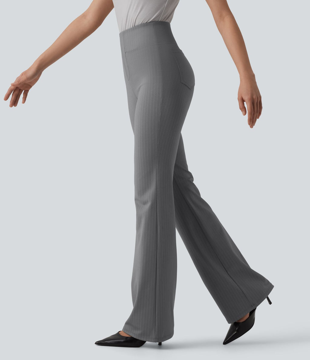 Pantalon tailleur évasé à rayures taille haute avec poches