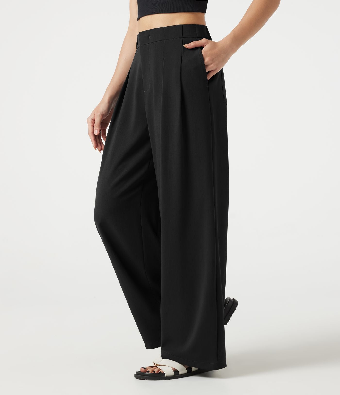 Pantalon casual ample toucher lin taille mi-haute à poches
