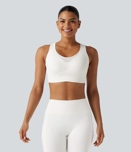 Brassière de sport d'entraînement maintien fort en mesh contrasté avec boucle ajustable et coussinets non amovibles