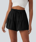 Short casual taille haute aspect lin volants avec cordon de serrage et poches 9 cm