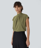 Blouse de Travail à Col Montant Plissée avec Boutons dans le Dos et Manches Courtes