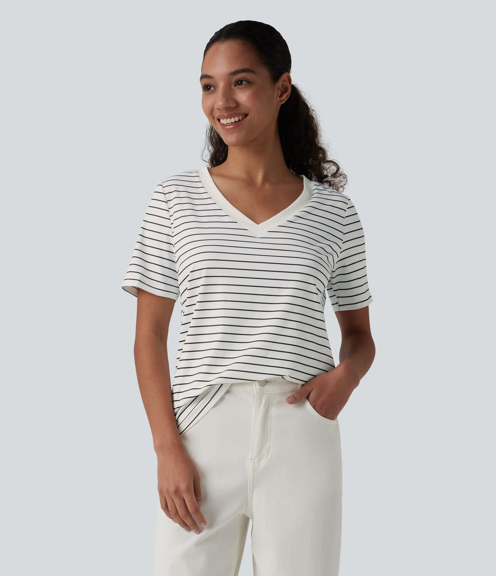 T-shirt décontracté col V manches courtes rayé