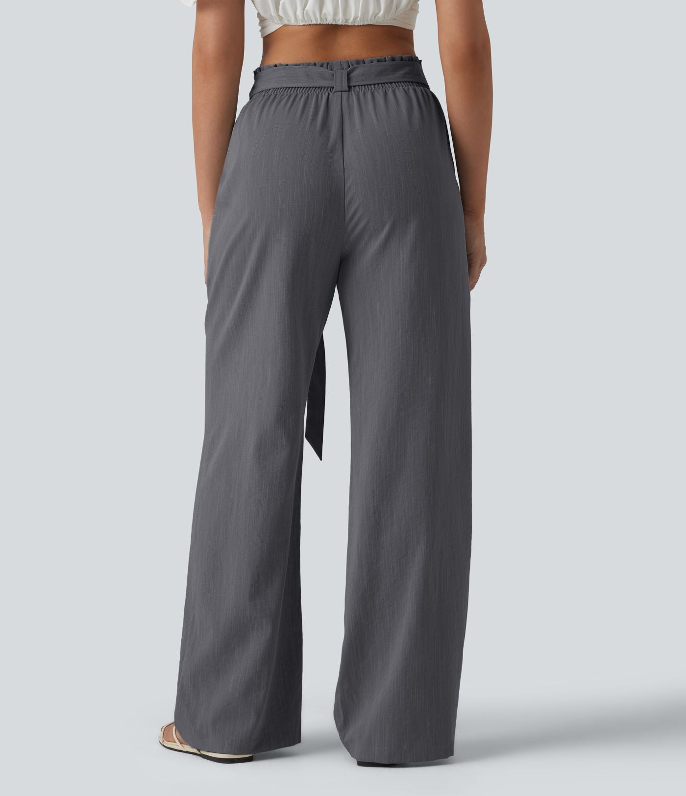 Pantalon décontracté effet lin taille haute, coupe droite, ceinturé avec finitions ondulées et poches