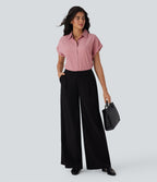 Chemise à col, manches courtes, rayures, boutonnage et aspect lin pour le travail