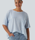 T-shirt col rond manches chauve-souris à rayures en lyocell avec poche poitrine