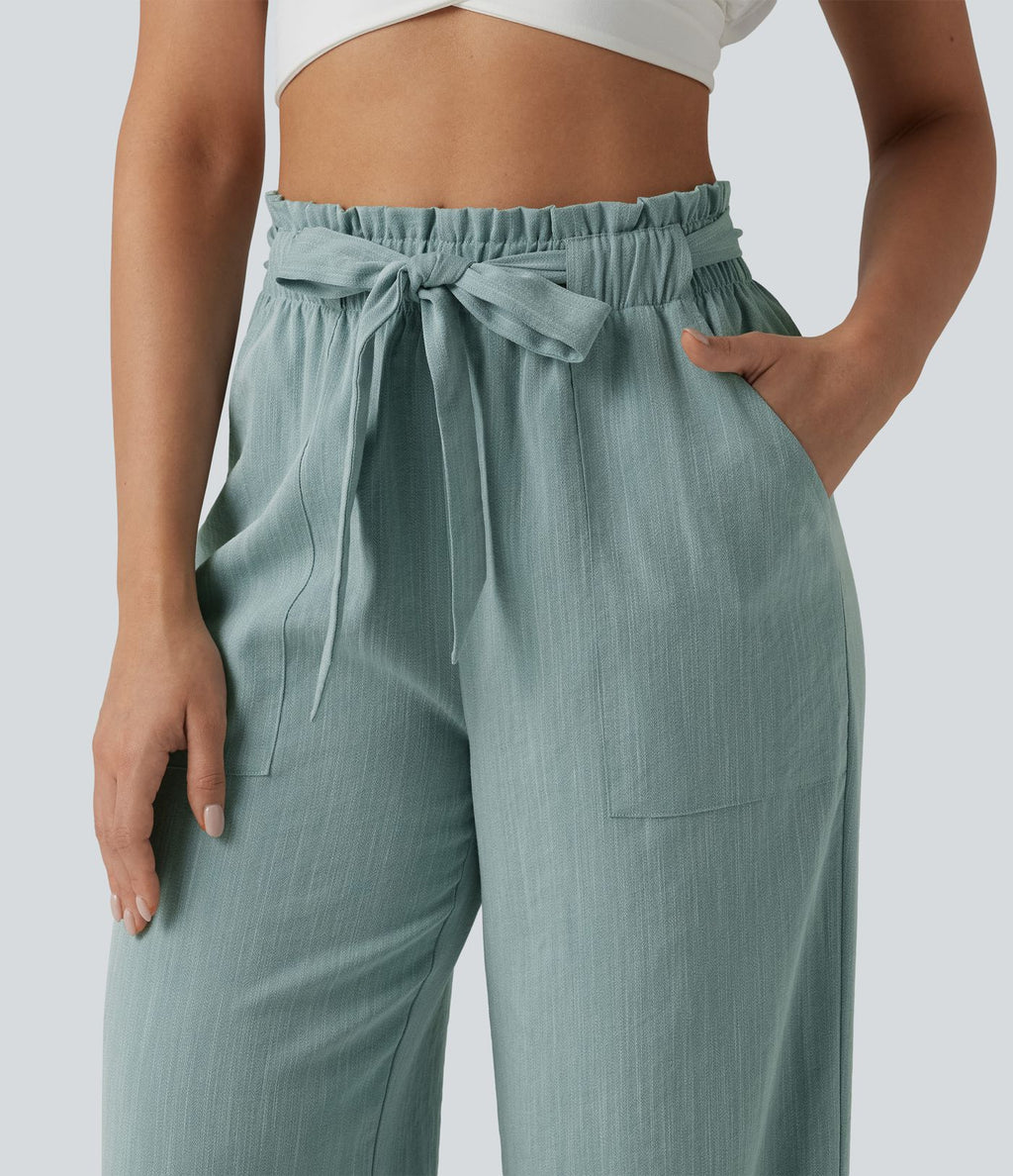Pantalon décontracté effet lin taille haute, coupe droite, ceinturé avec finitions ondulées et poches