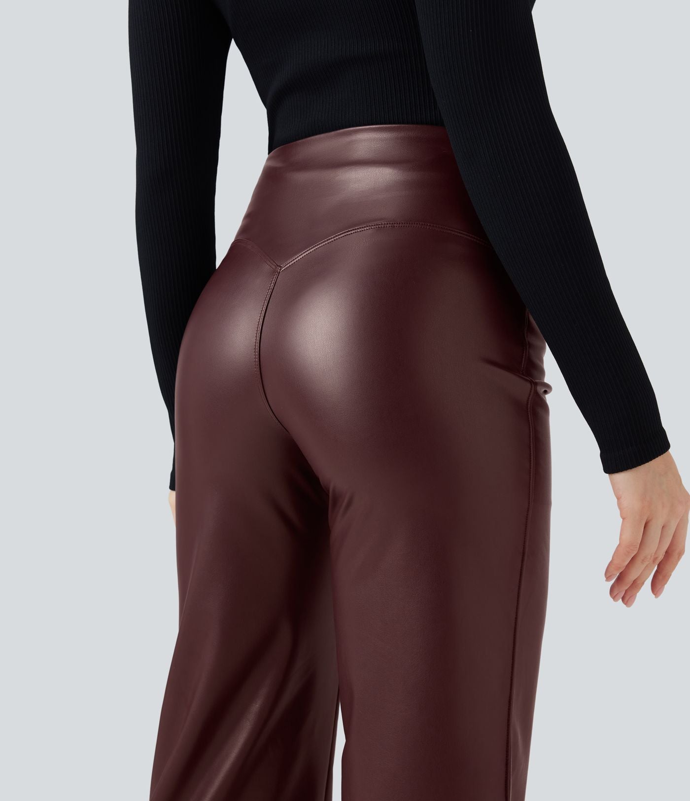 Pantalon similicuir évasé gainant taille haute stretch avec poches