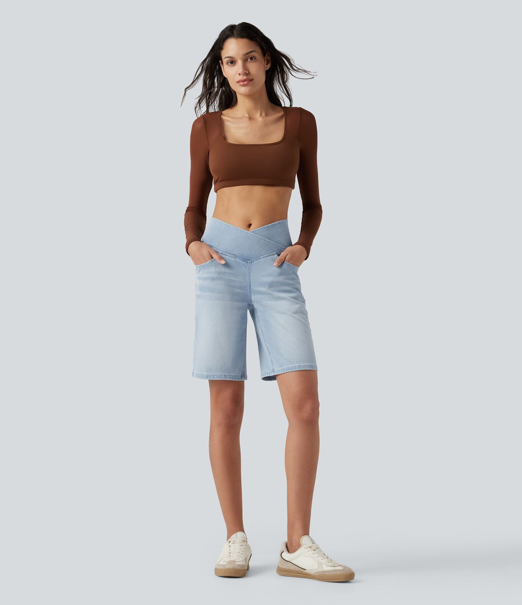 Short en jean Halara Flex™ casual gainant taille haute croisée avec poches