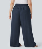 Pantalon décontracté grande taille large fluide taille haute effet lin avec cordon de serrage et poches