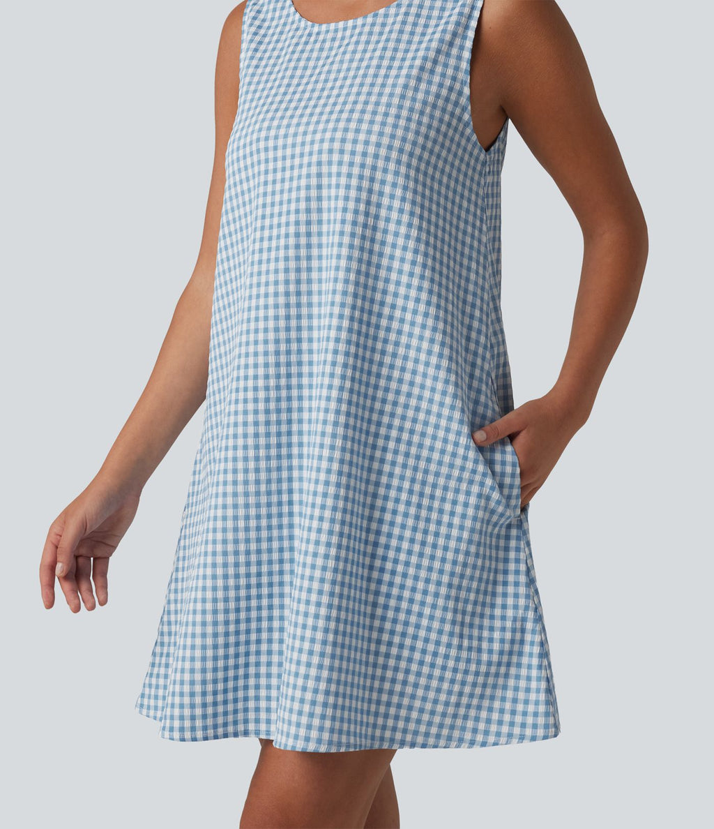 Robe débardeur mini décontractée col rond sans manches en vichy froissé avec poches