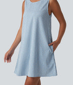 Robe débardeur mini décontractée col rond sans manches en vichy froissé avec poches