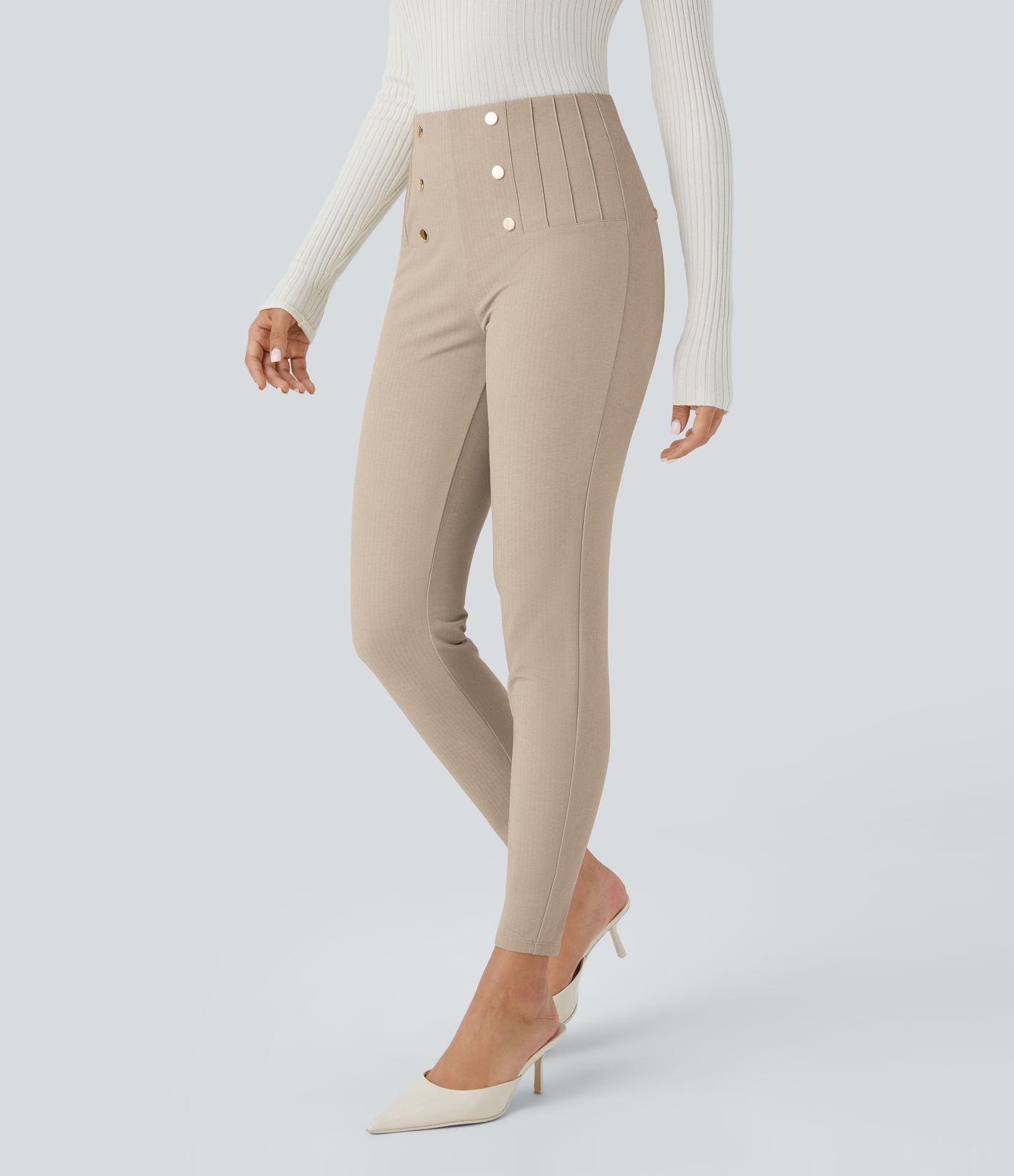 Pantalon tailleur skinny gainant taille haute à chevrons avec poches arrière zippées décoratives