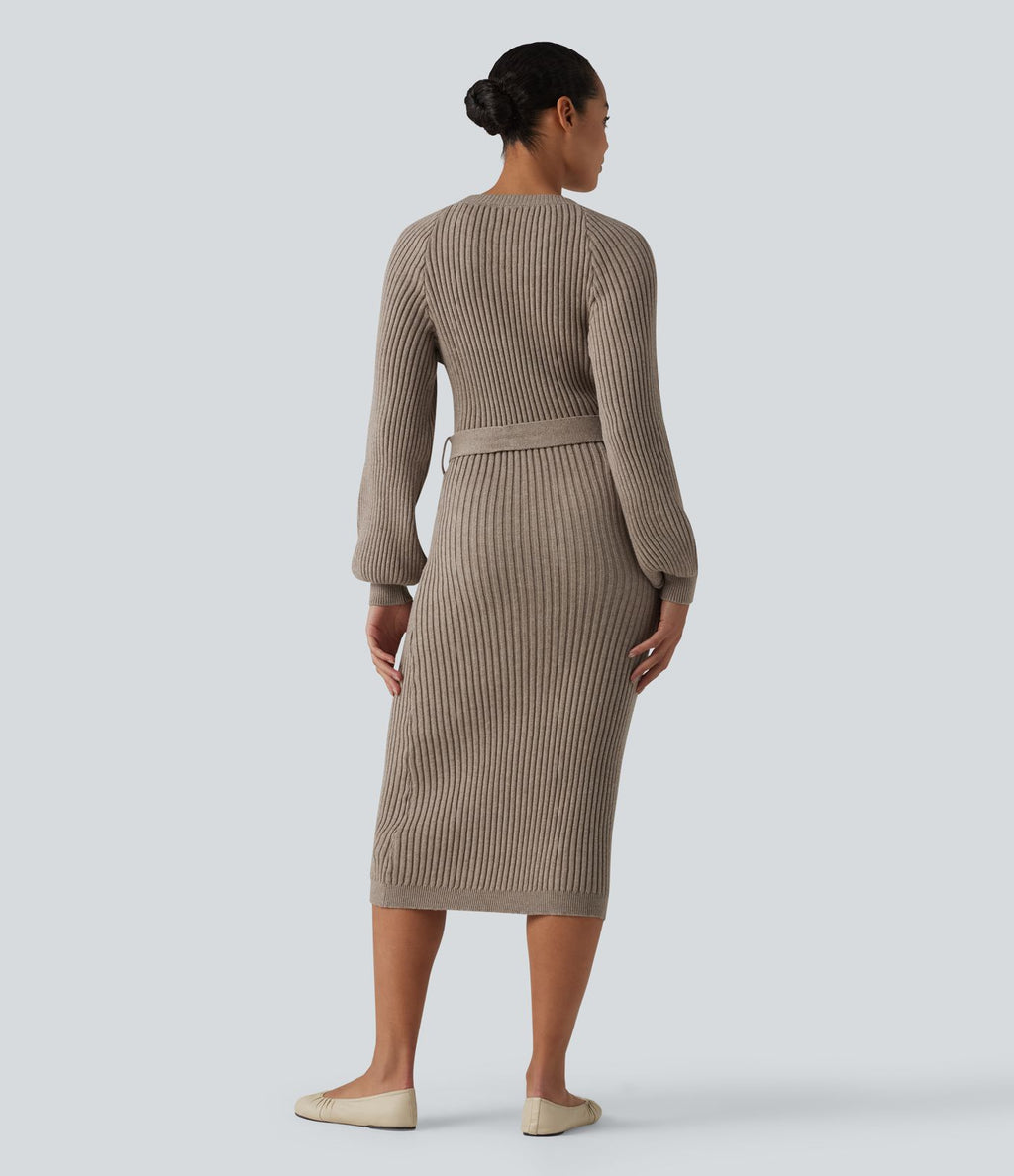 Robe pull midi casual col rond à manches longues, ceinturée