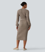 Robe pull midi casual col rond à manches longues, ceinturée