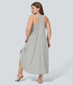 Breezeful™ Dos Nu Racerback Poche Latérale Haut Bas Fluide Midi Séchage Rapide Décontracté Robe Grande Taille
