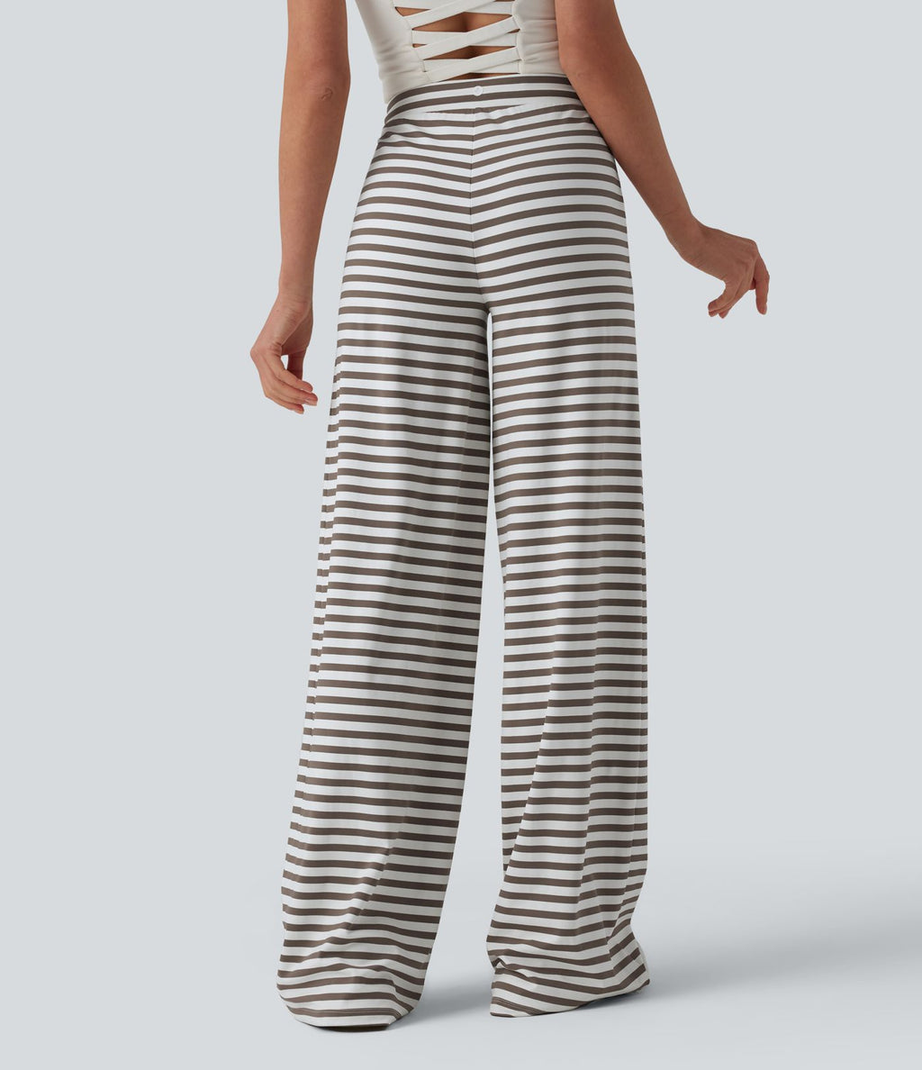 Pantalon yoga large taille mi-haute à rayures et cordon de serrage avec poches