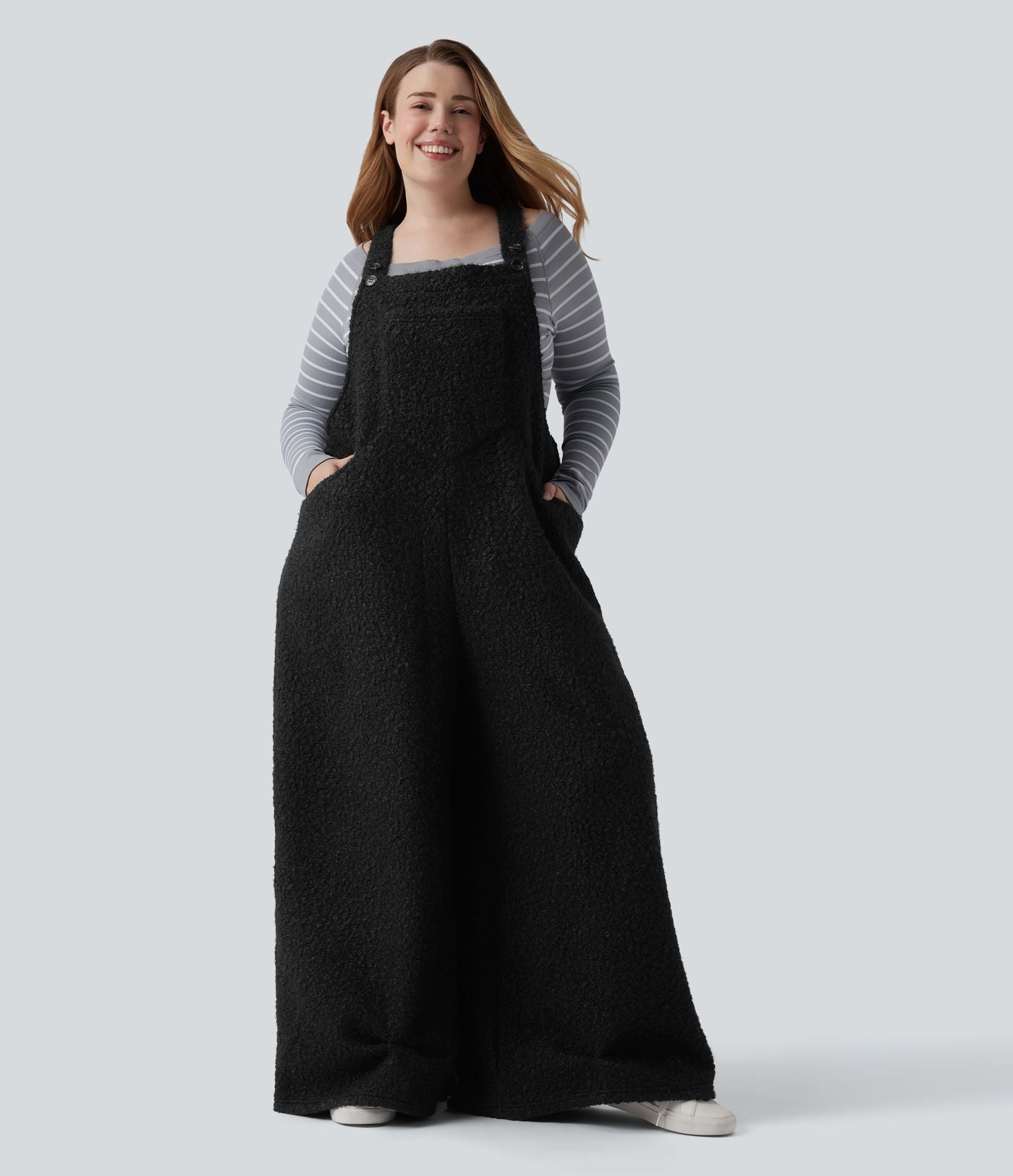 Salopette décontractée grande taille en teddy avec bretelles ajustables et poches