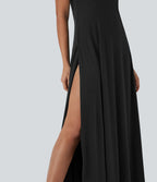 Robe longue à bretelles avec col U, dos nu, fente et coupe fluide