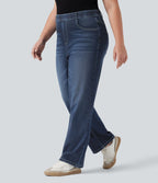 Jean droit décontracté délavé gainant taille haute grande taille avec poches Halara Flex™