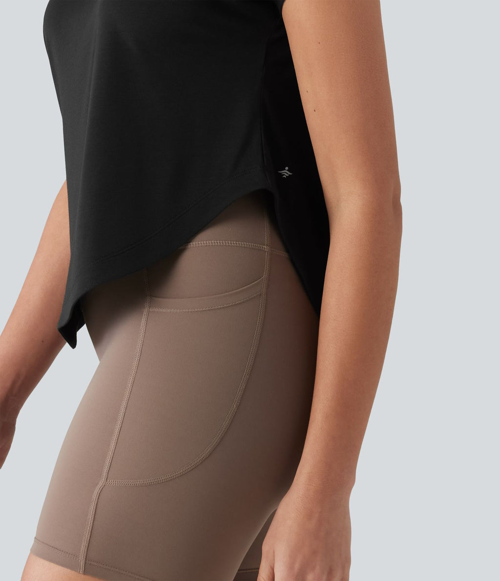 Haut de sport yoga asymétrique à une épaule manches courtes ourlet arrondi asymétrique séchage rapide