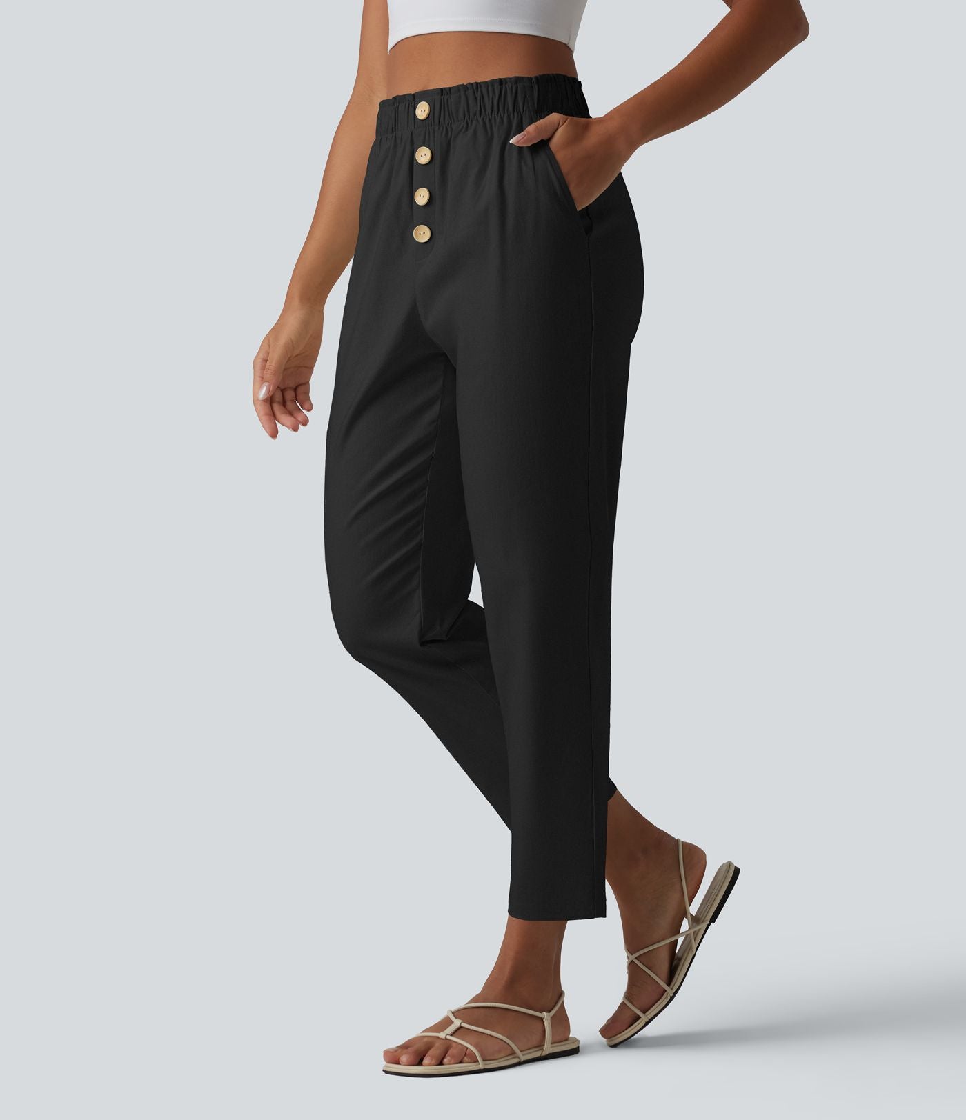 Pantalon casual en coton et lin coupe fuselée taille haute avec poches