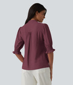 Blouse décontractée à col en V et manches courtes bouffantes