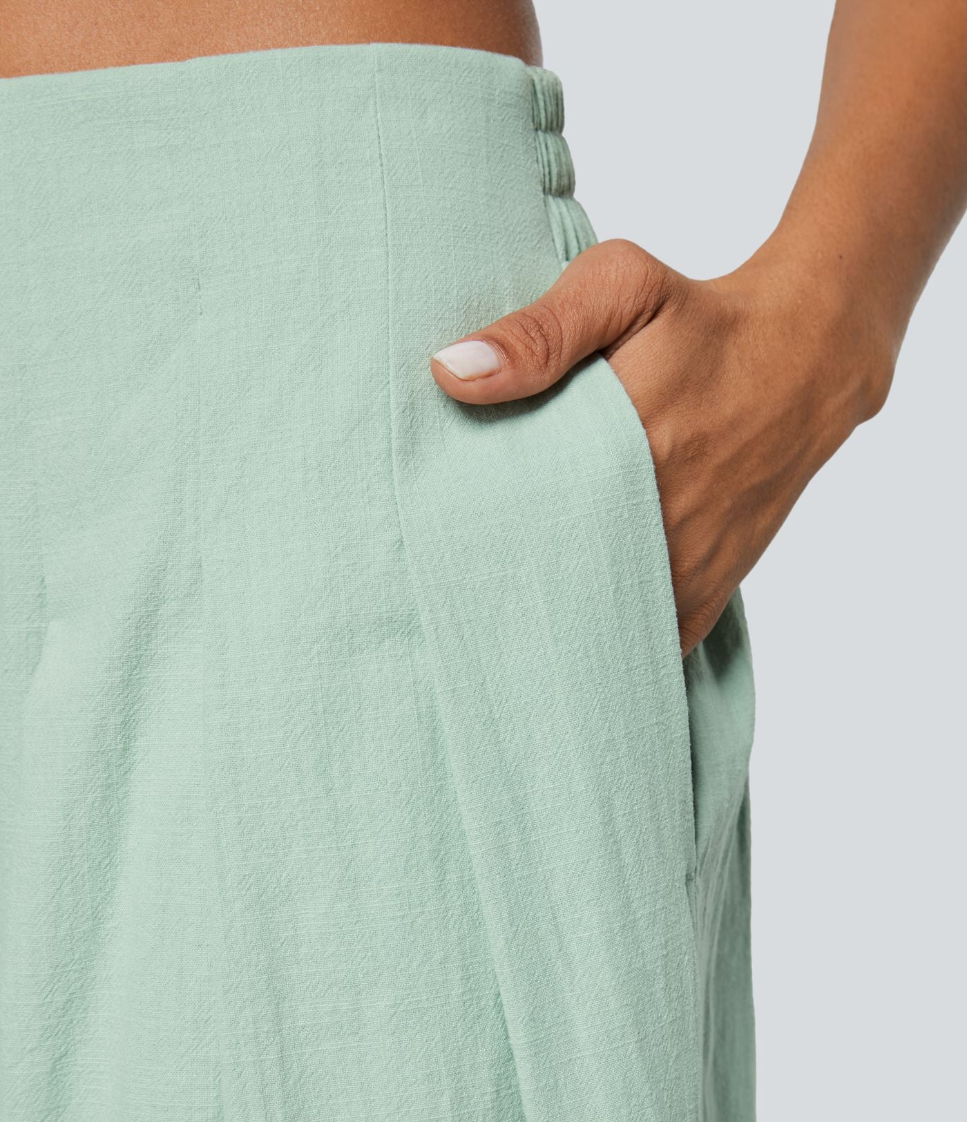 Pantalon Large Casual en Coton à l'Aspect Lin Taille Haute et Poches Latérales Boutonnées