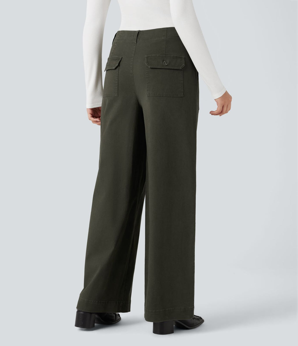 Pantalon chino coton jambes larges taille mi-haute avec poches