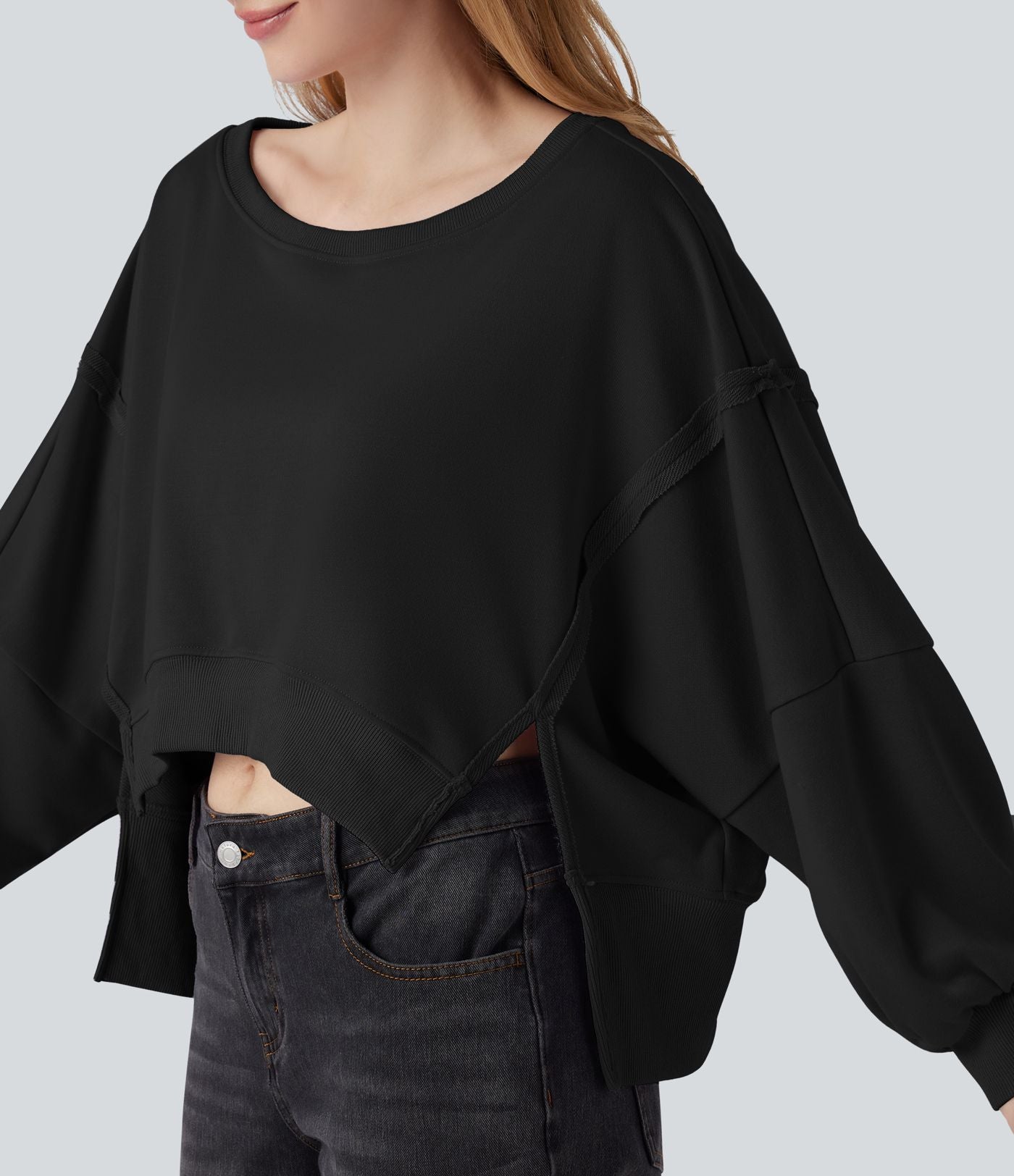 Sweat-shirt décolleté bateau à manches longues ourlet asymétrique