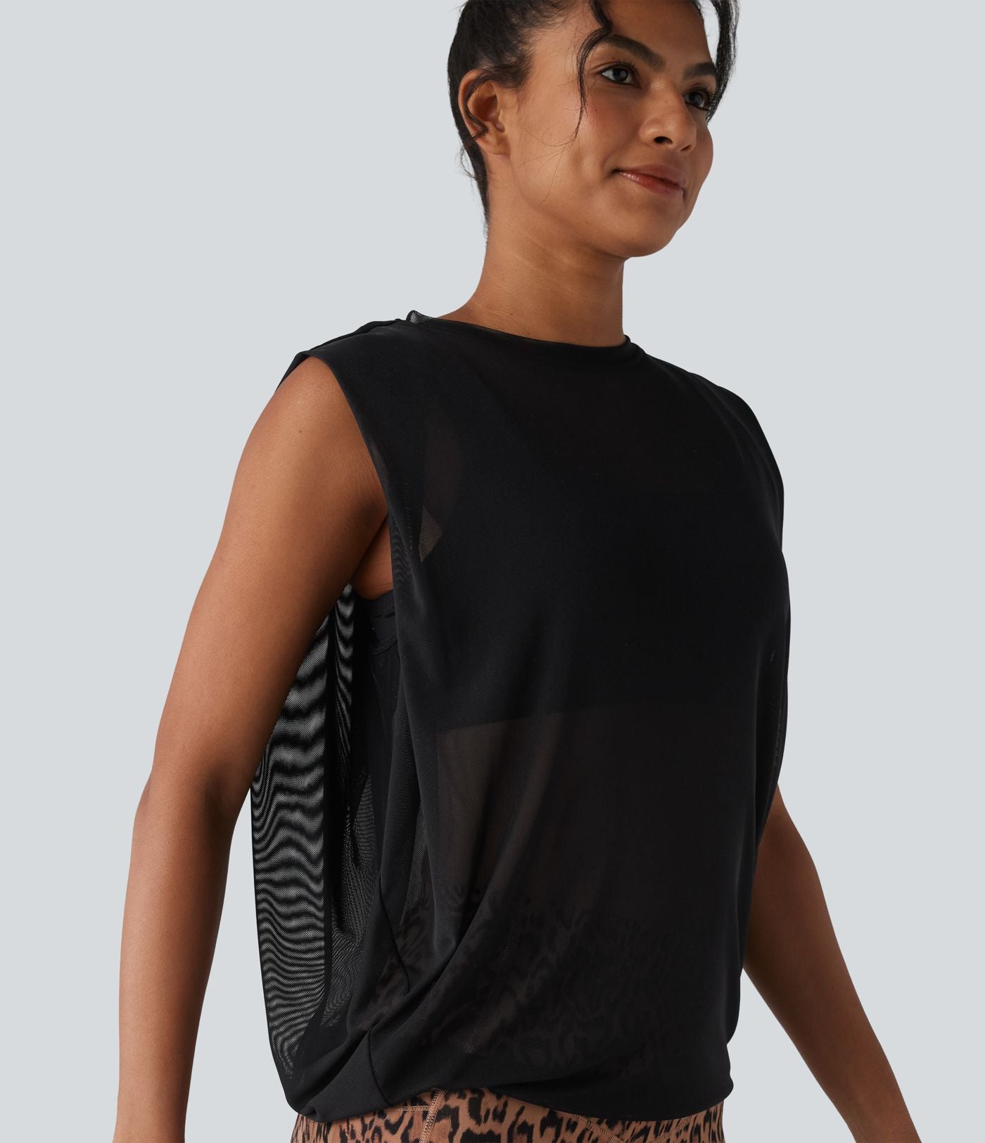 Débardeur de running en mesh transparent froncé col rond