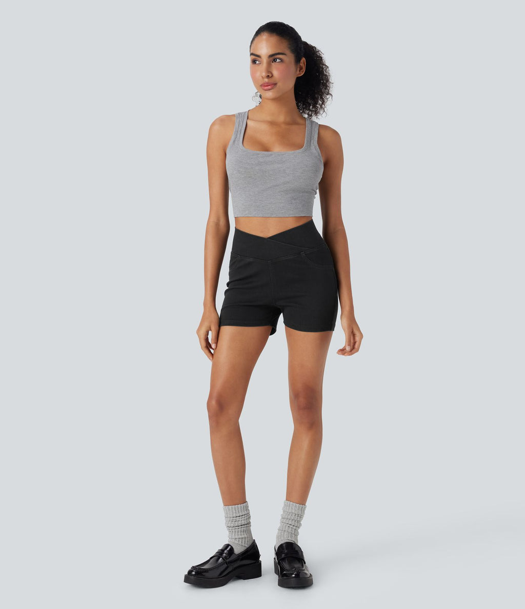 Halara Flex™  Shorts 7,5cm Denim Casual Taille Haute Poches Latérales Croisées en Maille Extensible