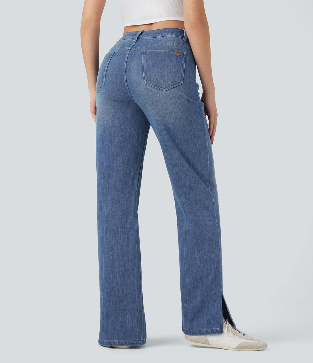 Jean droit délavé Halara Flex™ taille haute avec fente et poches