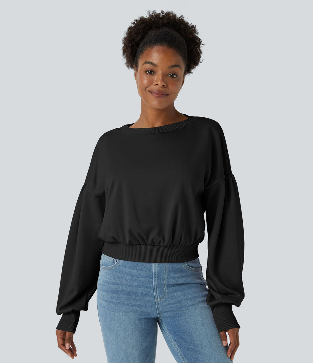 Sweat-shirt décontracté ample à col rond, épaules tombantes et manches évasées plissées