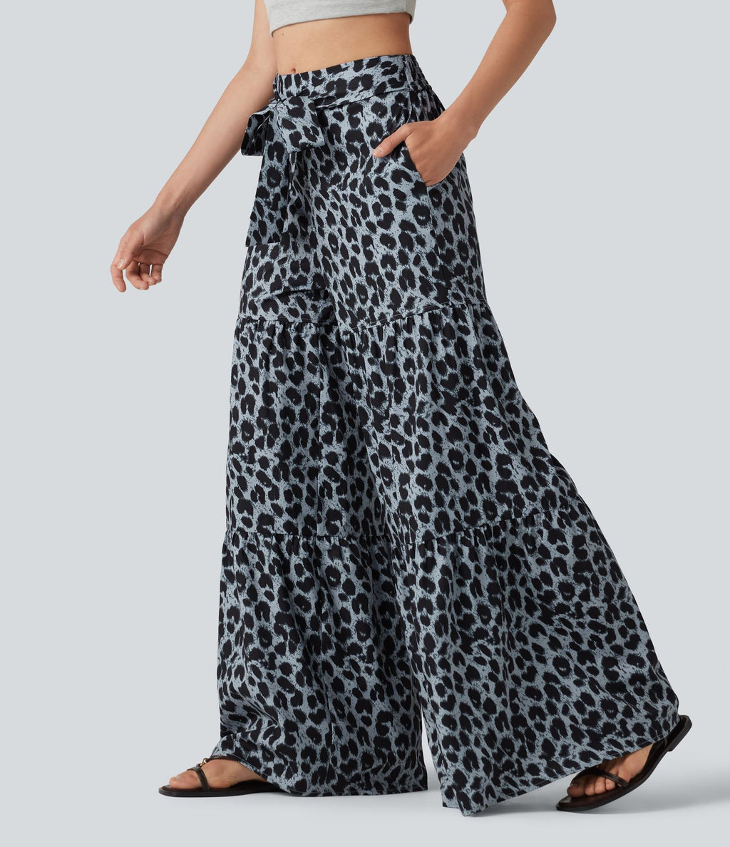 Pantalon ample décontracté taille mi-haute avec nœud devant imprimé léopard avec poches
