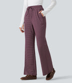 Pantalon décontracté à rayures en maille côtelée, taille mi-haute, cordon de serrage et coupe bootcut, avec poches